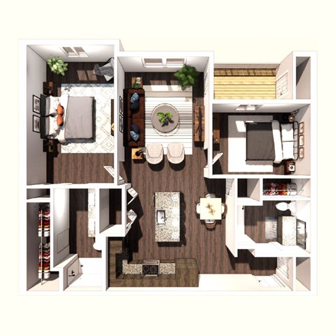 A top down view of a small apartment with a kitchen, living room, and bathroom.