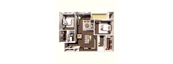 A floor plan of a small apartment with a kitchen, living room, and bathroom.