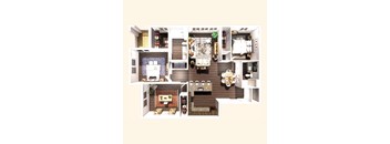 A 3D floor plan of a house with a kitchen, living room, and dining area.