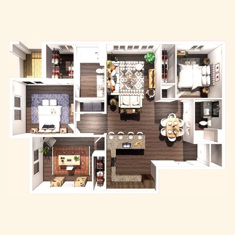 A 3D floor plan of a house with a kitchen, living room, and dining area.