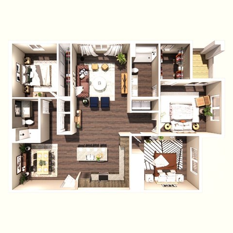 A cutaway view of a small apartment showing the layout of the rooms.