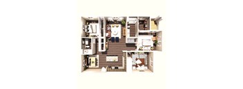 A cutaway view of a small apartment showing the layout of the rooms.