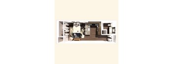 A small, neatly organized bedroom with a bed, nightstand, and a small desk.