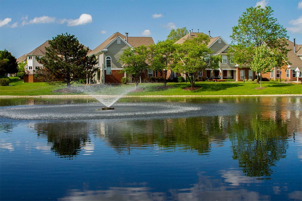 a fountain in a pond with houses in the background