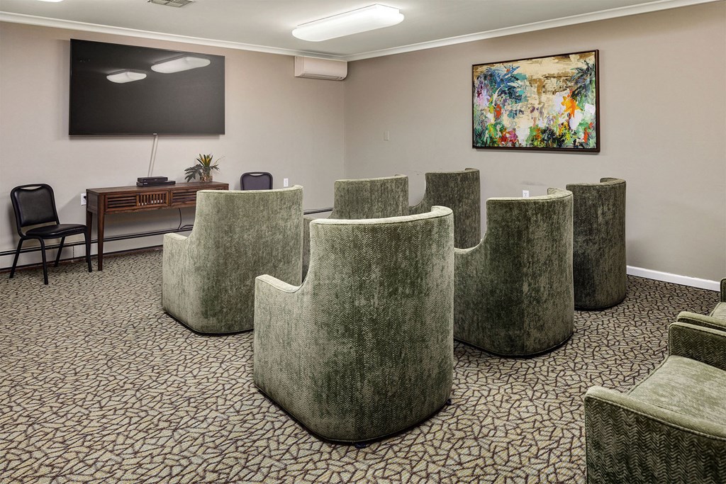 movie room with chairs and tv on the wall