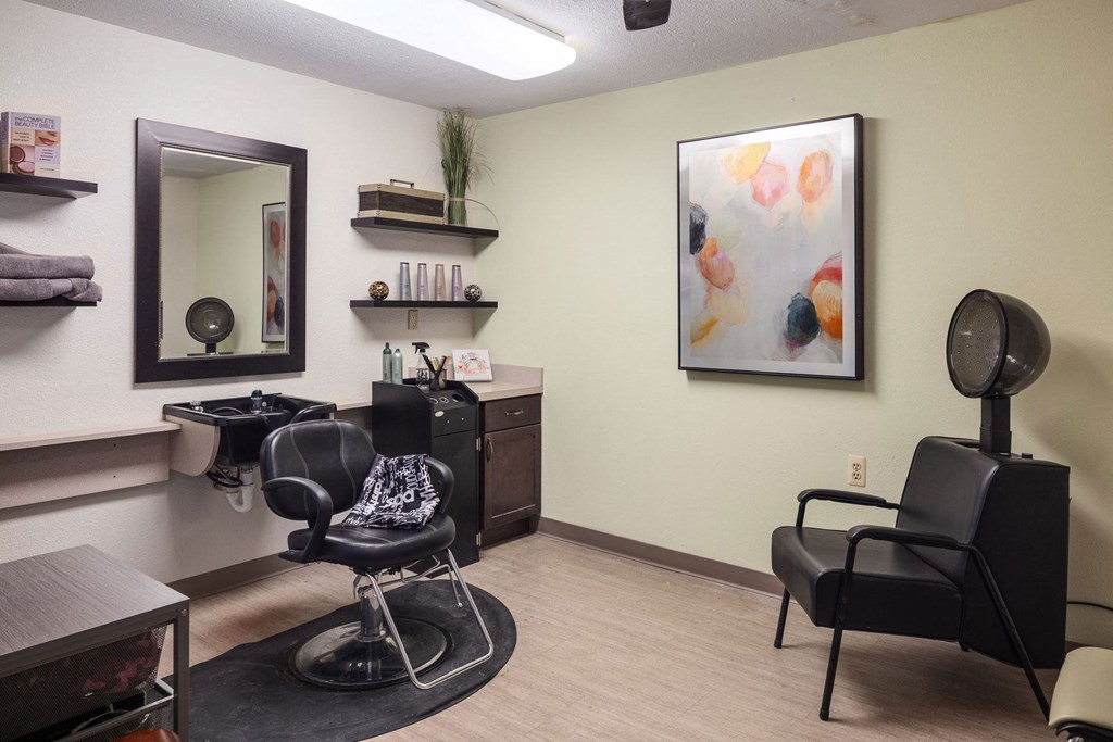 salon with chair and art on the wall