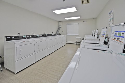 A clean, white-walled room with a series of white appliances on the left and a white washing machine on the right.