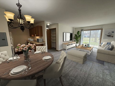 A dining room with a table set for two and a chandelier hanging from the ceiling.