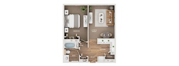 A floor plan of a house showing a bedroom, living and dining area, kitchen, bathroom, and pantry.