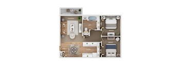 A floor plan of a house showing a living room, dining room, kitchen, and three bedrooms.
