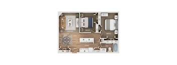 A floor plan of a small apartment with two bedrooms, a living room, a kitchen, a bathroom, a dining area, and a pantry.