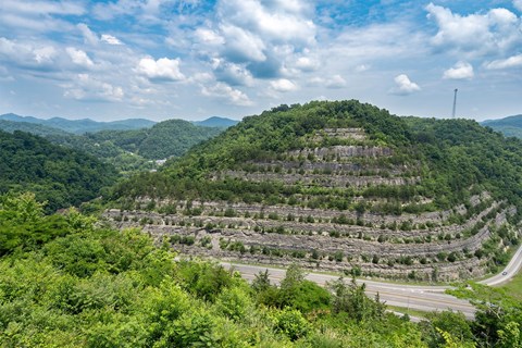 A large hill with a lot of trees on top and a road going through the middle.