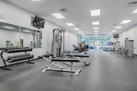 A gym with a variety of equipment including weights and machines.