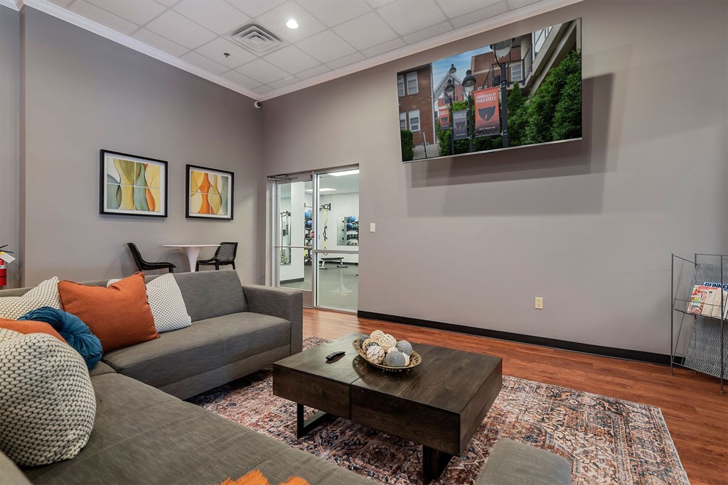 A living room with a grey couch, a coffee table, and a painting on the wall.