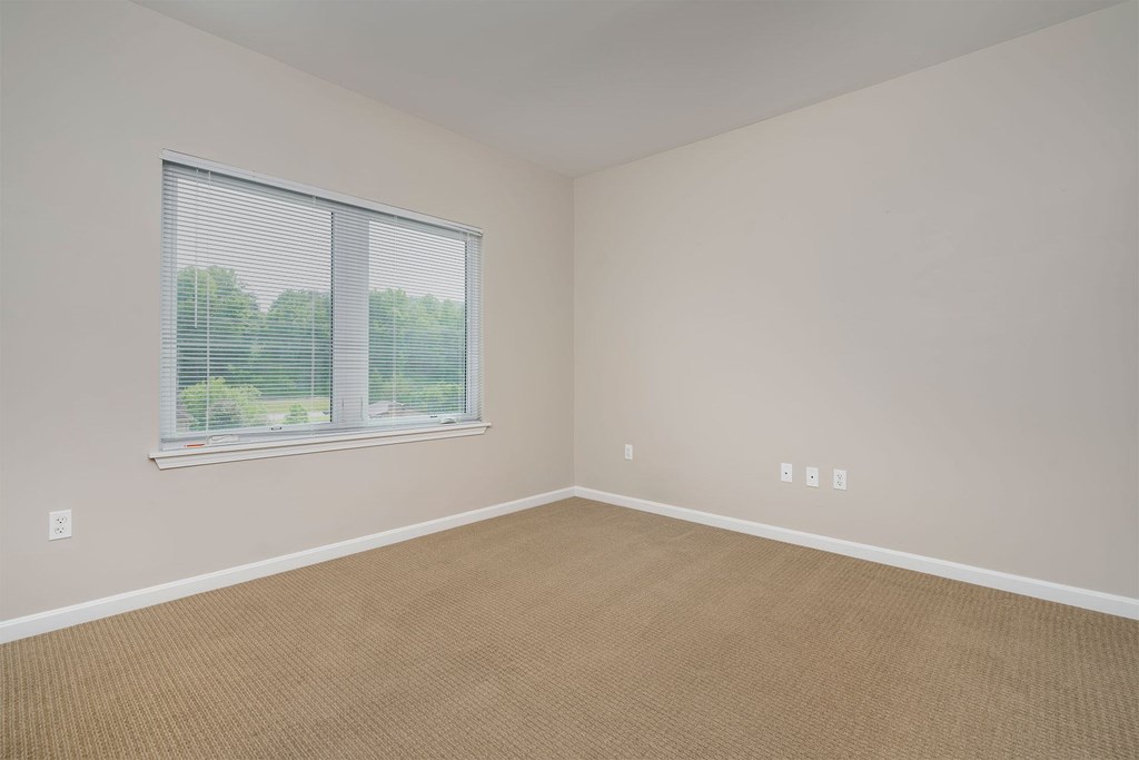 A room with a window and carpeted floor.