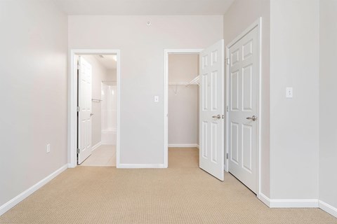 A white room with two doors and a carpeted floor.