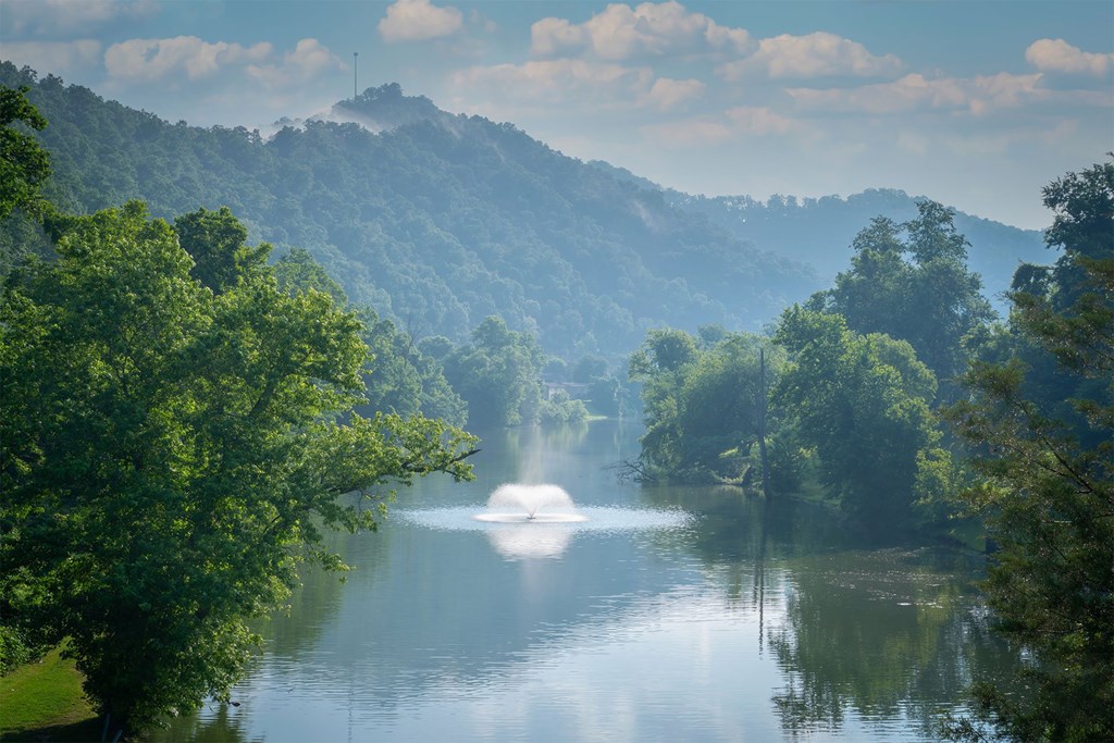 A serene lake surrounded by lush greenery and mountains.