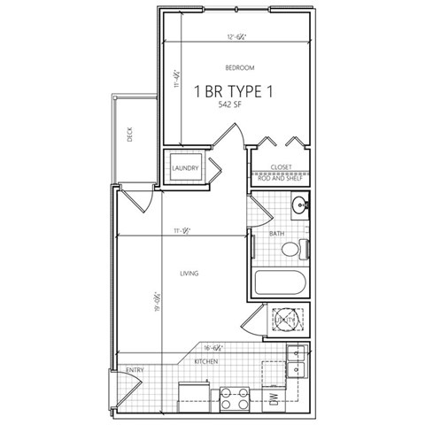 A floor plan of a 1 bedroom type 1 apartment sized at 542 square feet.