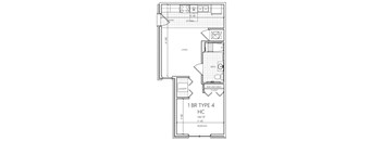 A floor plan of a 1 BR Type 4 HC apartment sized 542 SF with a living room, bedroom, laundry, and bathroom.