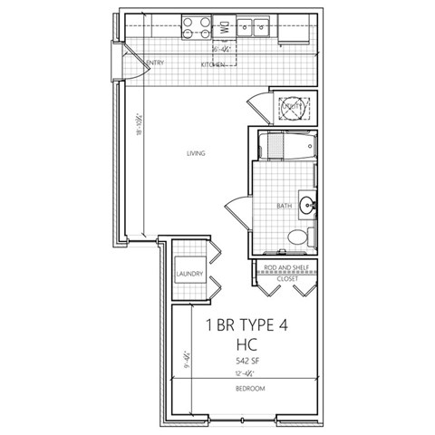 A floor plan of a 1 BR Type 4 HC apartment sized 542 SF with a living room, bedroom, laundry, and bathroom.