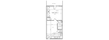 A floor plan of a 1 BR Type 2 apartment sized at 600 square feet.