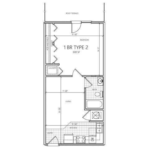 A floor plan of a 1 BR Type 2 apartment sized at 600 square feet.