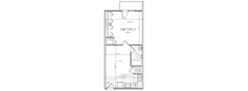A floor plan of a 1 BR Type 3 apartment with a 600 square foot area.