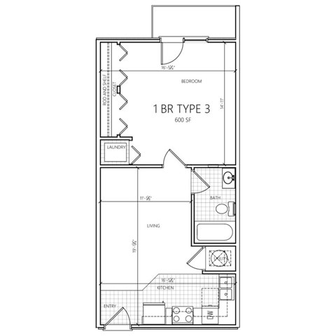 A floor plan of a 1 BR Type 3 apartment with a 600 square foot area.