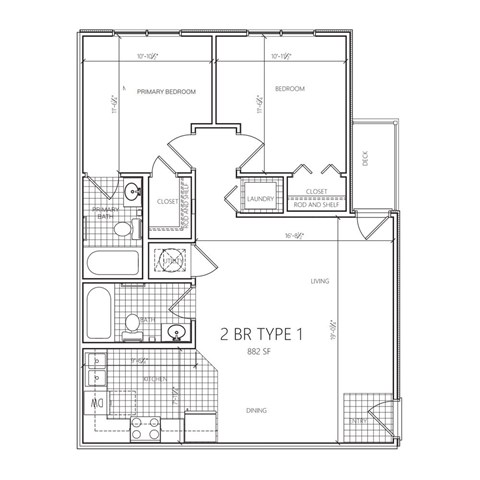 A black and white image of a 2BR type 1 floor plan.