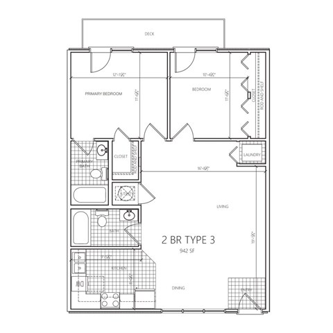 A floor plan of a 2BR Type 3 apartment sized at 942 square feet.