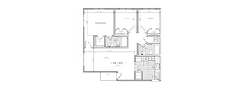 A black and white image of a 3 bedroom apartment layout.