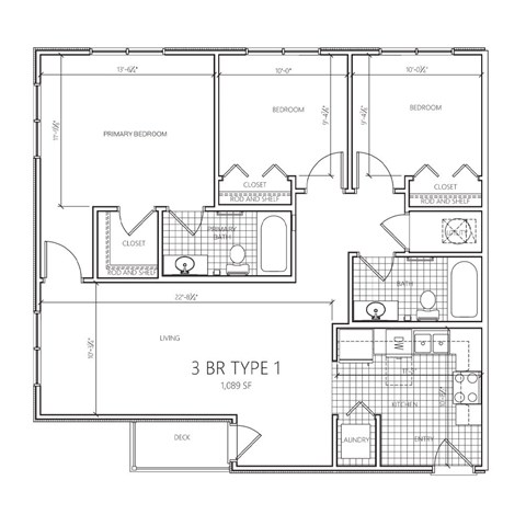 A black and white image of a 3 bedroom apartment layout.