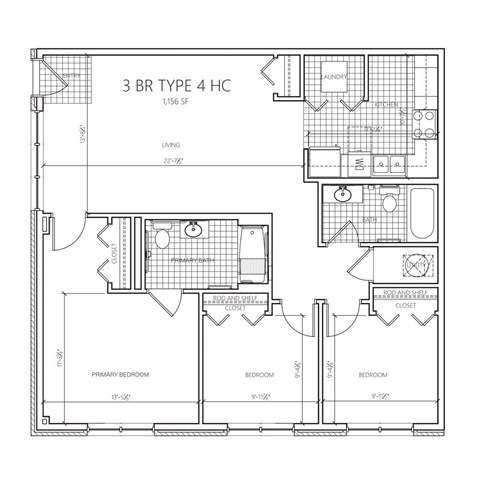 A floor plan of a 3 bedroom, 2 bathroom apartment.