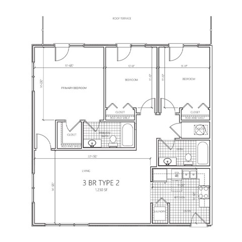 A floor plan of a 3 bedroom apartment with a living room, dining room, kitchen, and bathrooms.