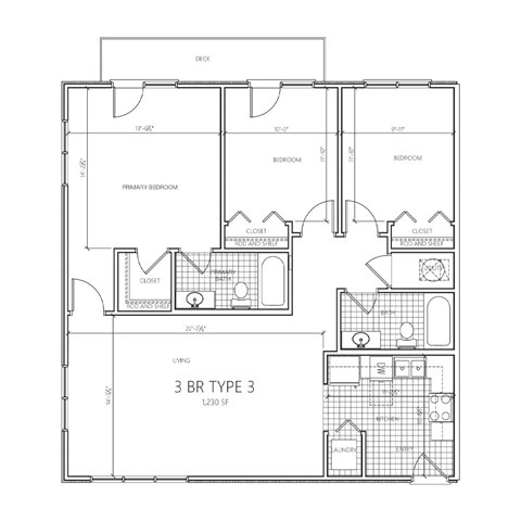 A black and white floor plan of a 3 BR type 3 apartment.