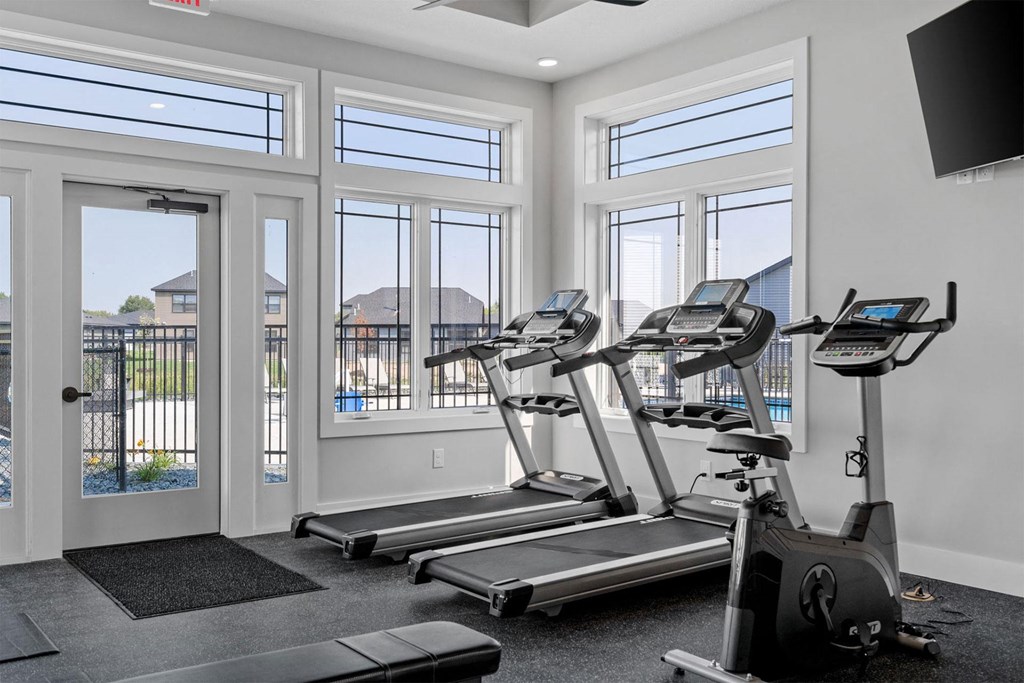 the gym has plenty of cardio equipment and large windows