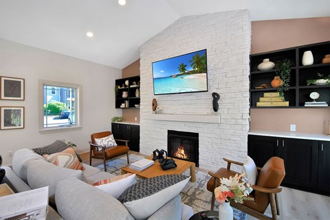 the living room has a fireplace and a tv above it