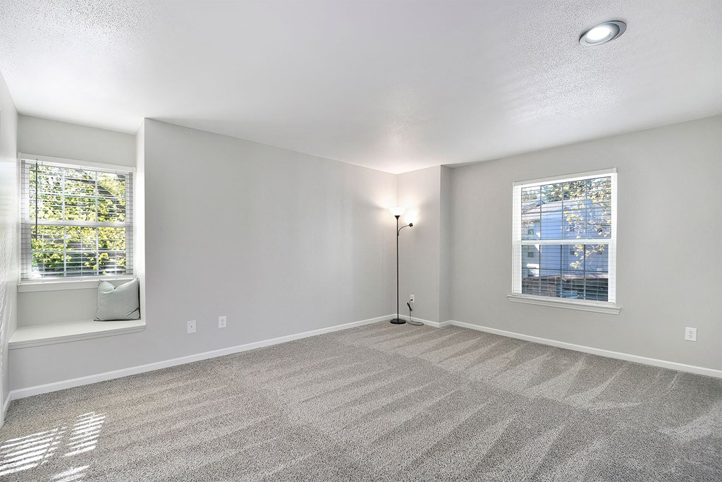 an empty living room with carpet and a window