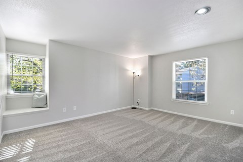 an empty living room with carpet and a window