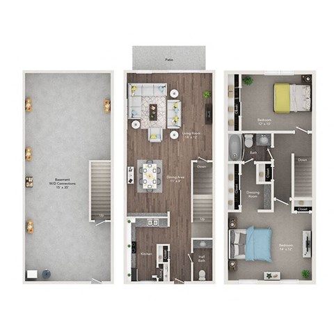 floor plan of a 2 bed 1.5 bath townhome