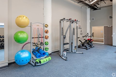 A gym with a variety of equipment including a leg press machine, a rowing machine, and a TRX suspension trainer.