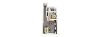 A floorplan of an apartment with a kitchen, living room, bedroom, and bathroom.