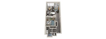 A top down view of a small apartment with a kitchen, living room, bathroom, and bedroom.