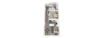 A floor plan of an apartment with a kitchen, living room, bedroom, and bathroom.