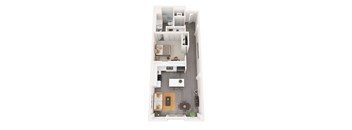 A floorplan of a modern apartment with a kitchen, living room, bedroom, and bathroom.