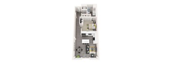 A floor plan of a small apartment with a kitchen, living room, bathroom, and bedroom.
