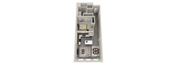 A top-down view of a small apartment with a kitchen, living room, bathroom, and bedroom.