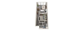 A top down view of a small apartment with a kitchen, living room, bedroom, and bathroom.