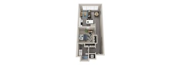 A floor plan of a small apartment with a kitchen, living room, bedroom, and bathroom.