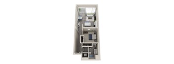 A top-down view of a small apartment with a kitchen, living room, bedroom, and bathroom.